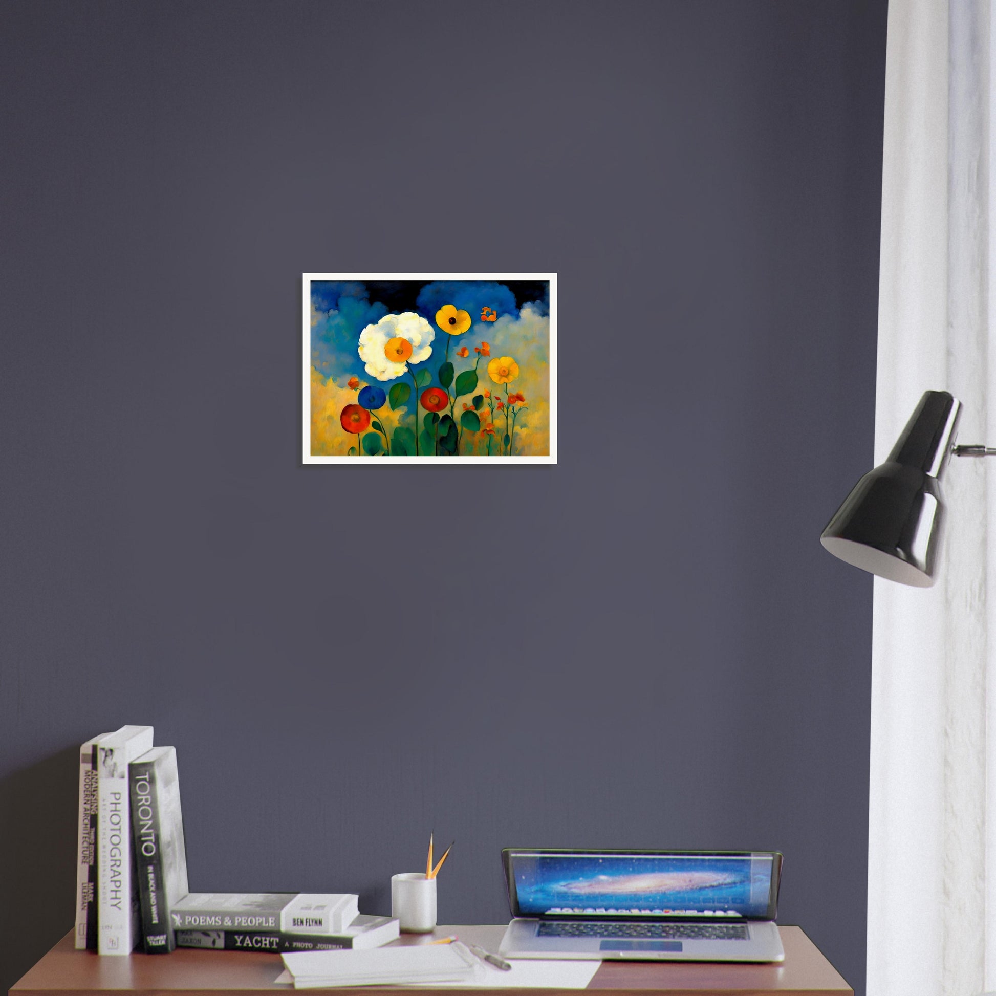A vibrant floral painting with bold yellow, red, and blue flowers standing against a dreamy sky of deep blues, golds, and soft clouds.