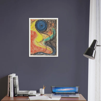 Flowing abstract lines weave through fiery red, luminous yellow, deep blue, and shadowed black, evoking cosmic movement and elemental energy.