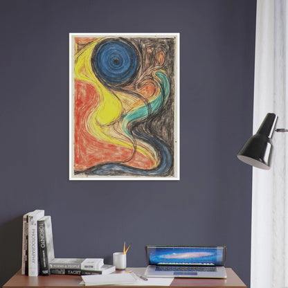 Flowing abstract lines weave through fiery red, luminous yellow, deep blue, and shadowed black, evoking cosmic movement and elemental energy.