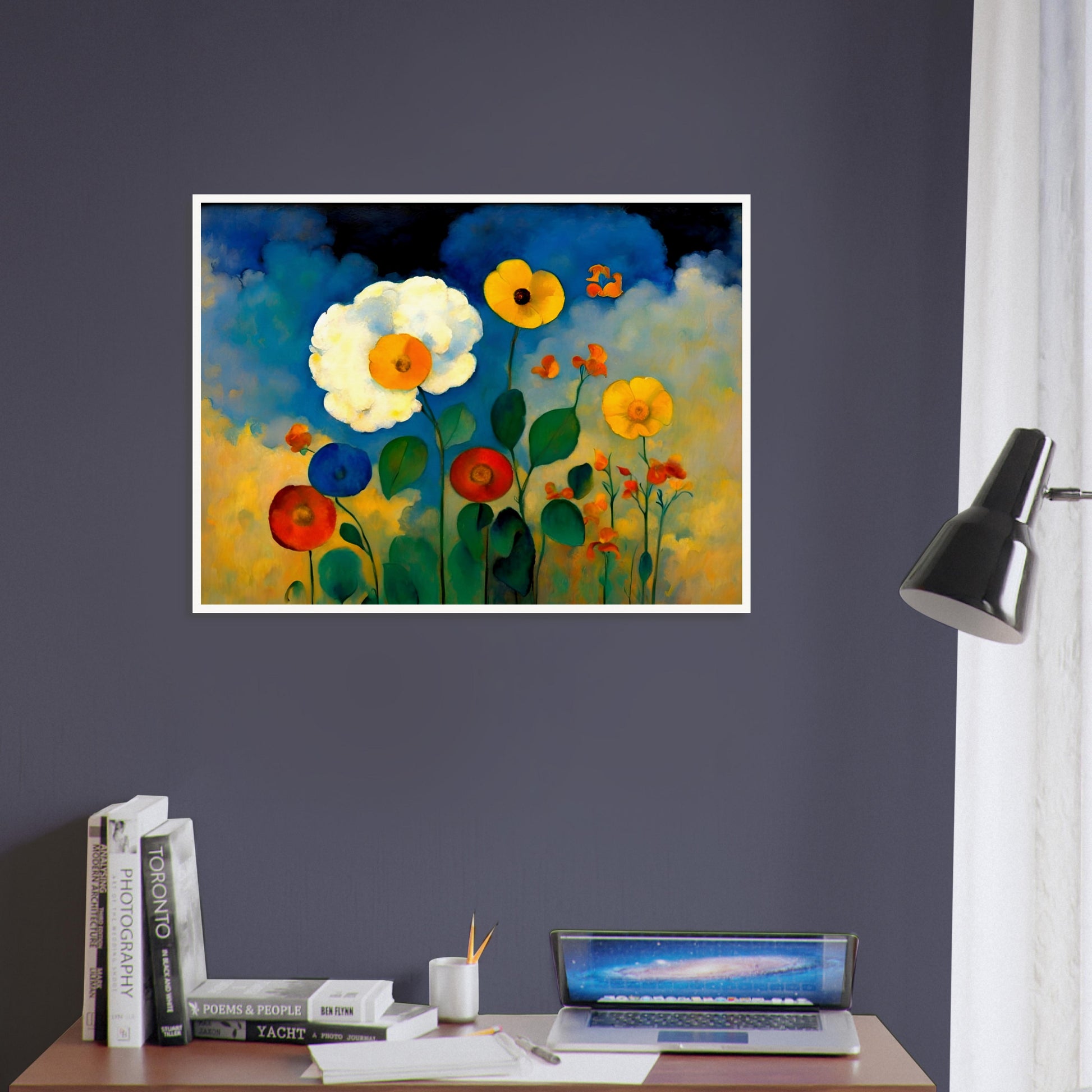 A vibrant floral painting with bold yellow, red, and blue flowers standing against a dreamy sky of deep blues, golds, and soft clouds.