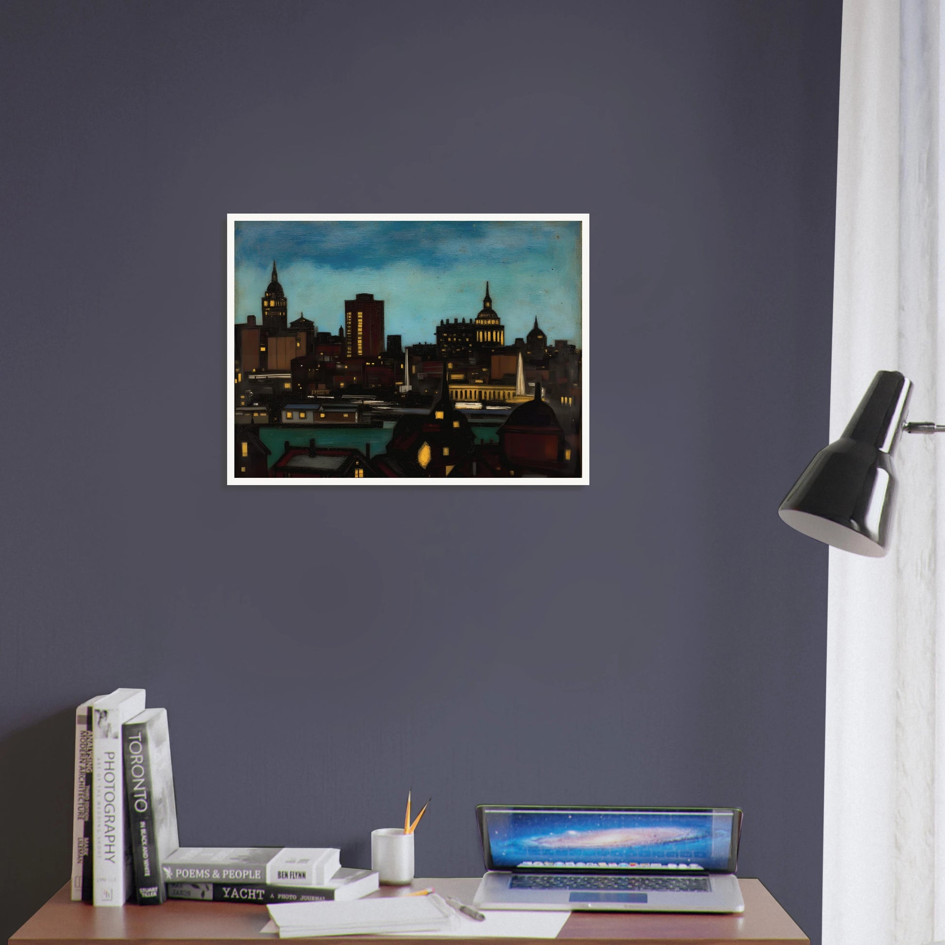 A glowing city skyline at dusk with illuminated towers, rooftops, and spires beneath a deep blue evening sky.