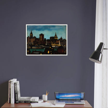 A glowing city skyline at dusk with illuminated towers, rooftops, and spires beneath a deep blue evening sky.