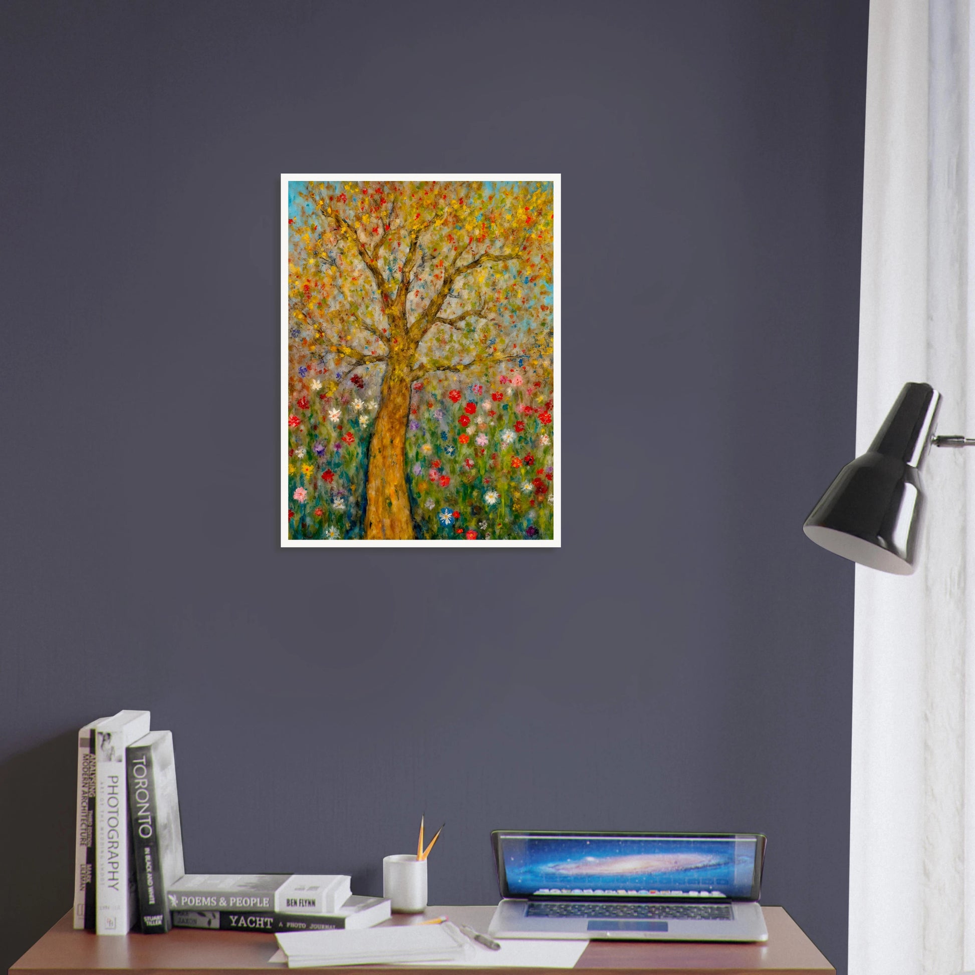 A golden-barked tree stands tall in a vibrant field of blooming flowers, with multicolored petals dancing against a soft blue sky.