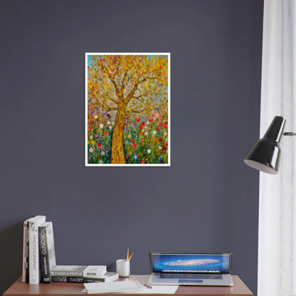 A golden-barked tree stands tall in a vibrant field of blooming flowers, with multicolored petals dancing against a soft blue sky.