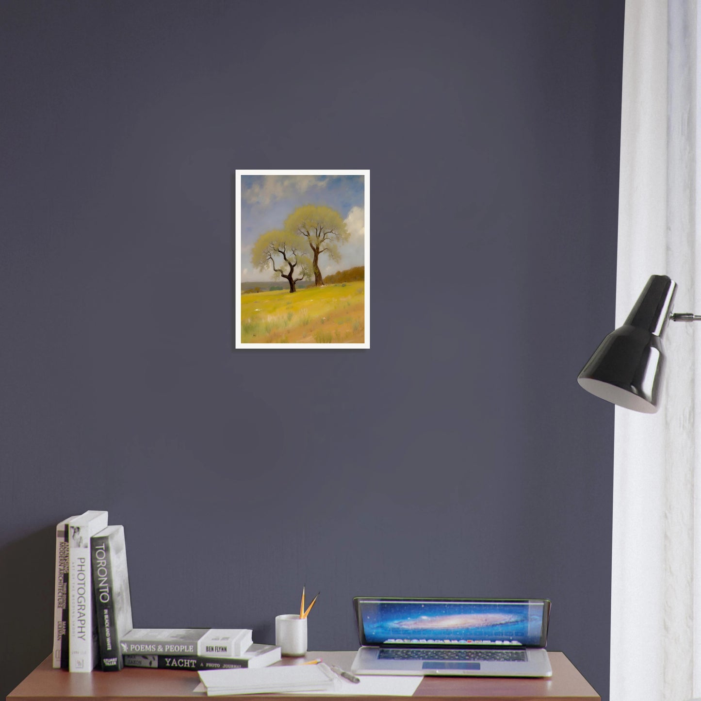 Two softly curved trees rise from a sunlit yellow-green field under a partly cloudy blue sky, evoking peace and resilience.