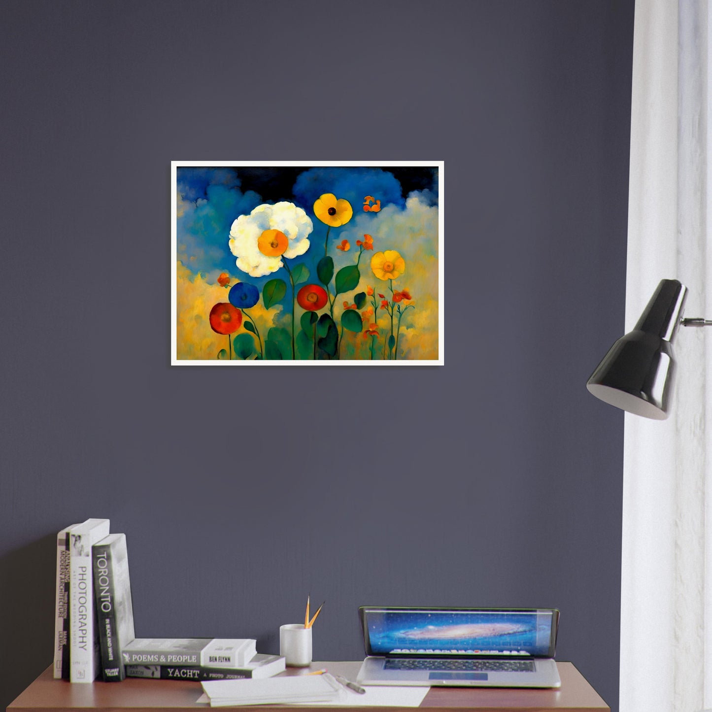 A vibrant floral painting with bold yellow, red, and blue flowers standing against a dreamy sky of deep blues, golds, and soft clouds.