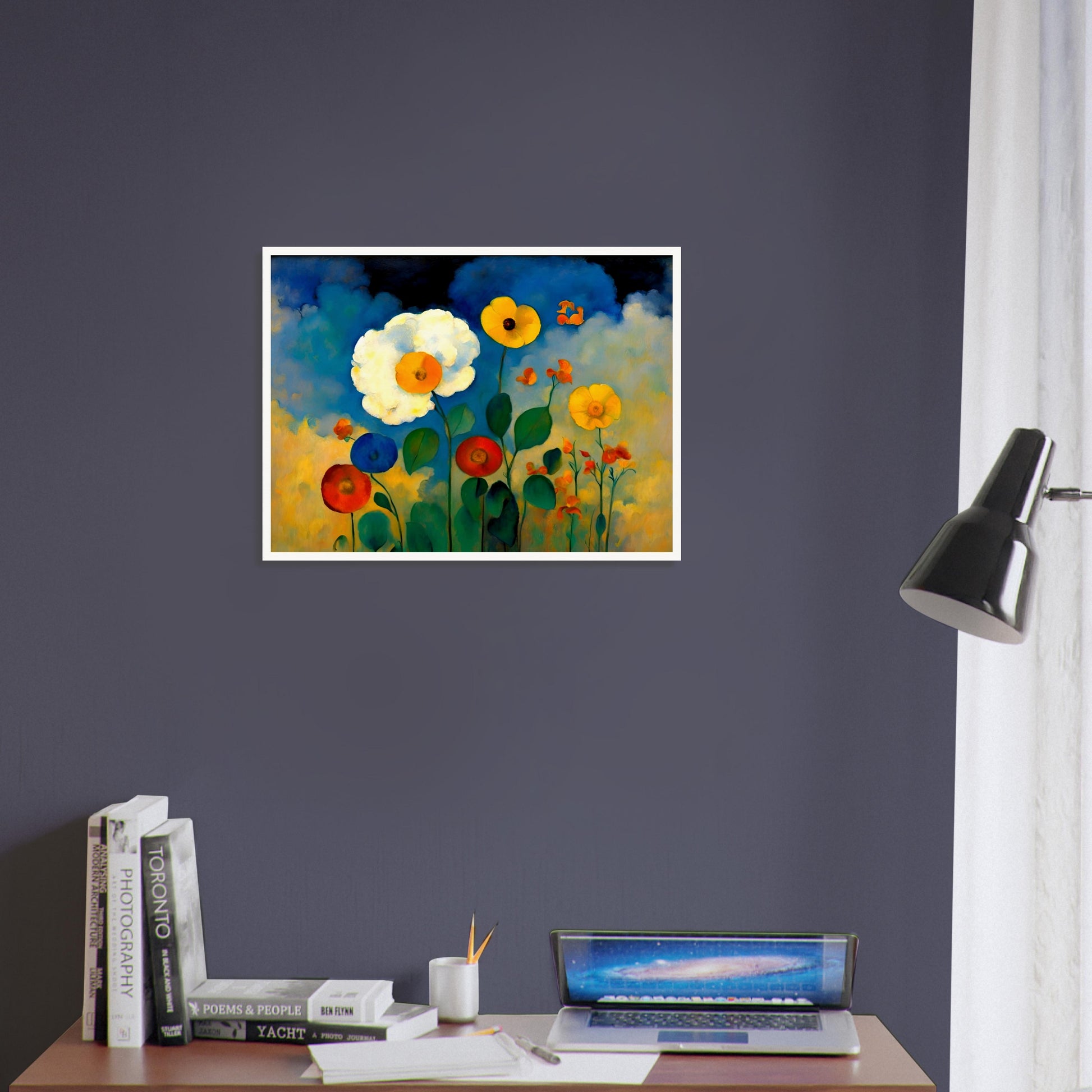 A vibrant floral painting with bold yellow, red, and blue flowers standing against a dreamy sky of deep blues, golds, and soft clouds.