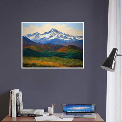 A majestic landscape painting of snow-capped mountains towering over vibrant green and orange fields, under a bright, peaceful sky.