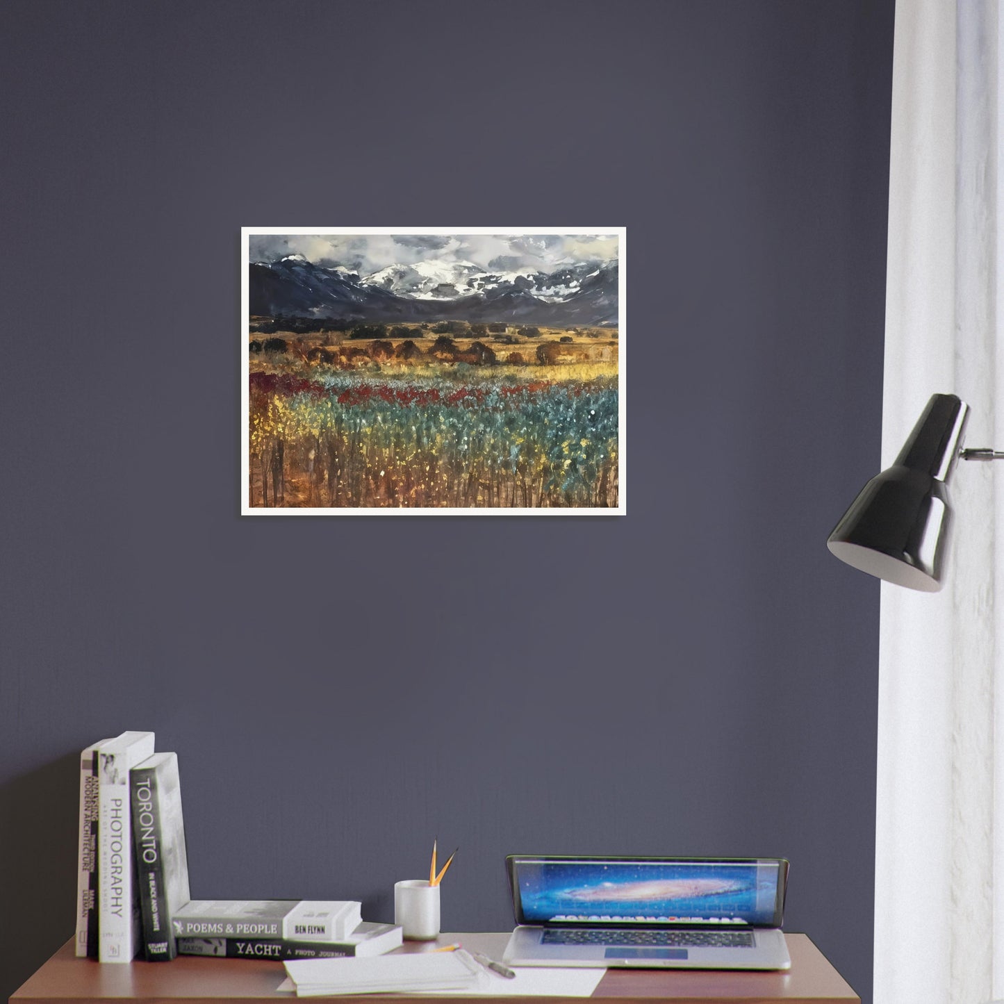 Expansive landscape with vibrant fields of flowers in red, yellow, and blue hues, framed by distant snow-capped mountains and a dramatic sky.