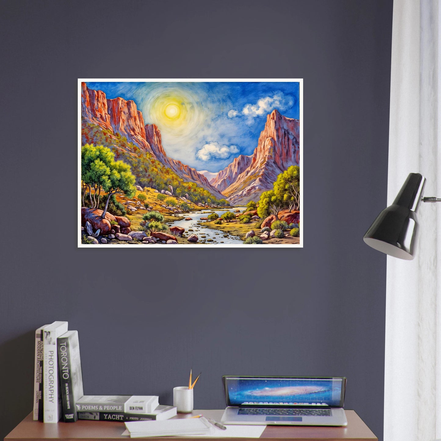 Bright desert canyon landscape with towering sunlit cliffs, winding river, vivid blue sky, and glowing golden valley under radiant sunlight.