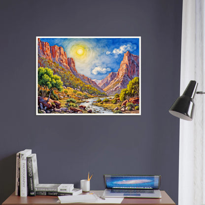 Bright desert canyon landscape with towering sunlit cliffs, winding river, vivid blue sky, and glowing golden valley under radiant sunlight.