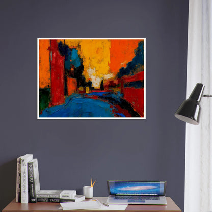 An expressive urban street scene painted in bold reds, oranges, blues, and black, featuring buildings lining a road beneath a dramatic glowing sunset sky.