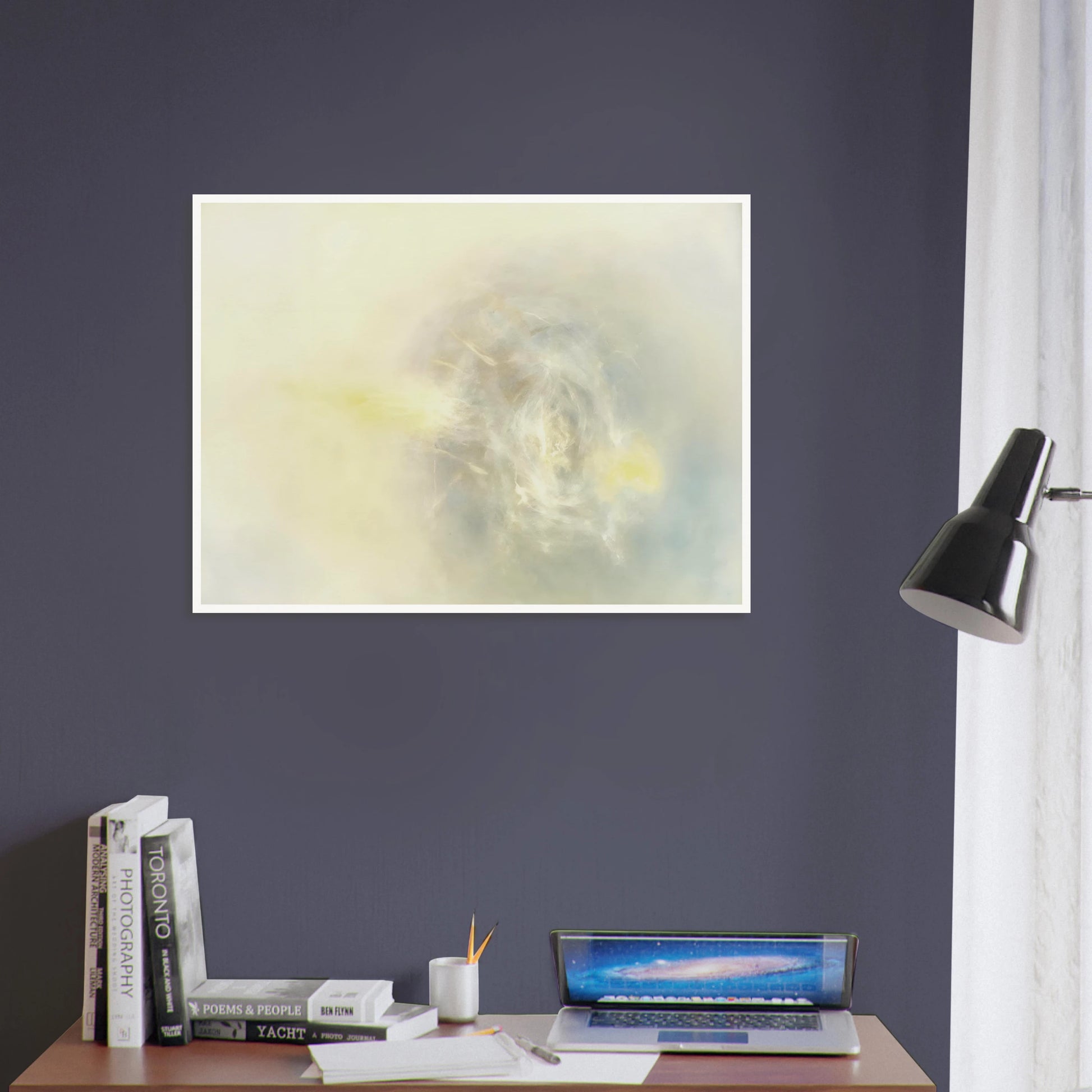 Soft luminous haze of ivory, pearl, and faint yellow gathers in an ethereal swirl, like light emerging through mist.