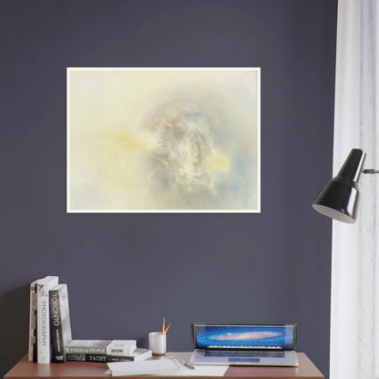 Soft luminous haze of ivory, pearl, and faint yellow gathers in an ethereal swirl, like light emerging through mist.