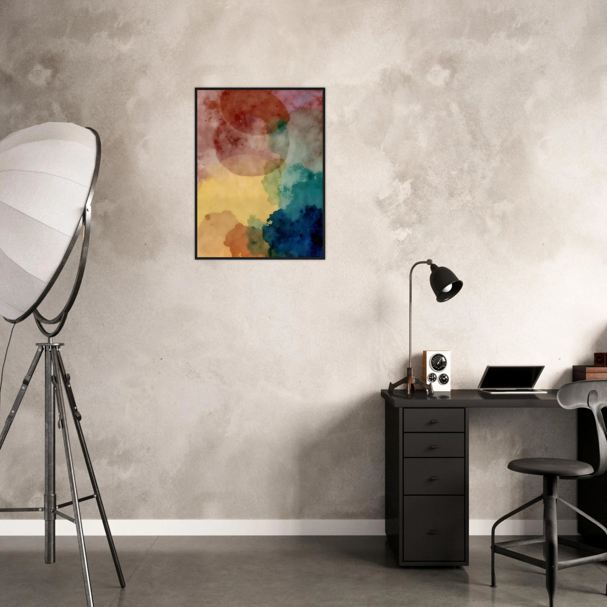 An abstract watercolor composition featuring overlapping translucent shapes in soft pink, yellow, teal, blue, and earth tones, creating a dreamy and atmospheric visual balance.