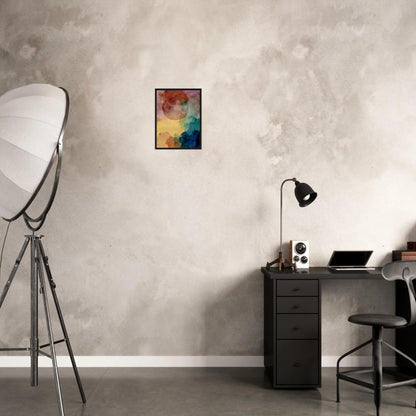 An abstract watercolor composition featuring overlapping translucent shapes in soft pink, yellow, teal, blue, and earth tones, creating a dreamy and atmospheric visual balance.