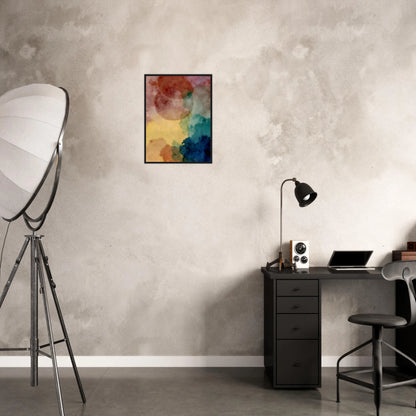 An abstract watercolor composition featuring overlapping translucent shapes in soft pink, yellow, teal, blue, and earth tones, creating a dreamy and atmospheric visual balance.