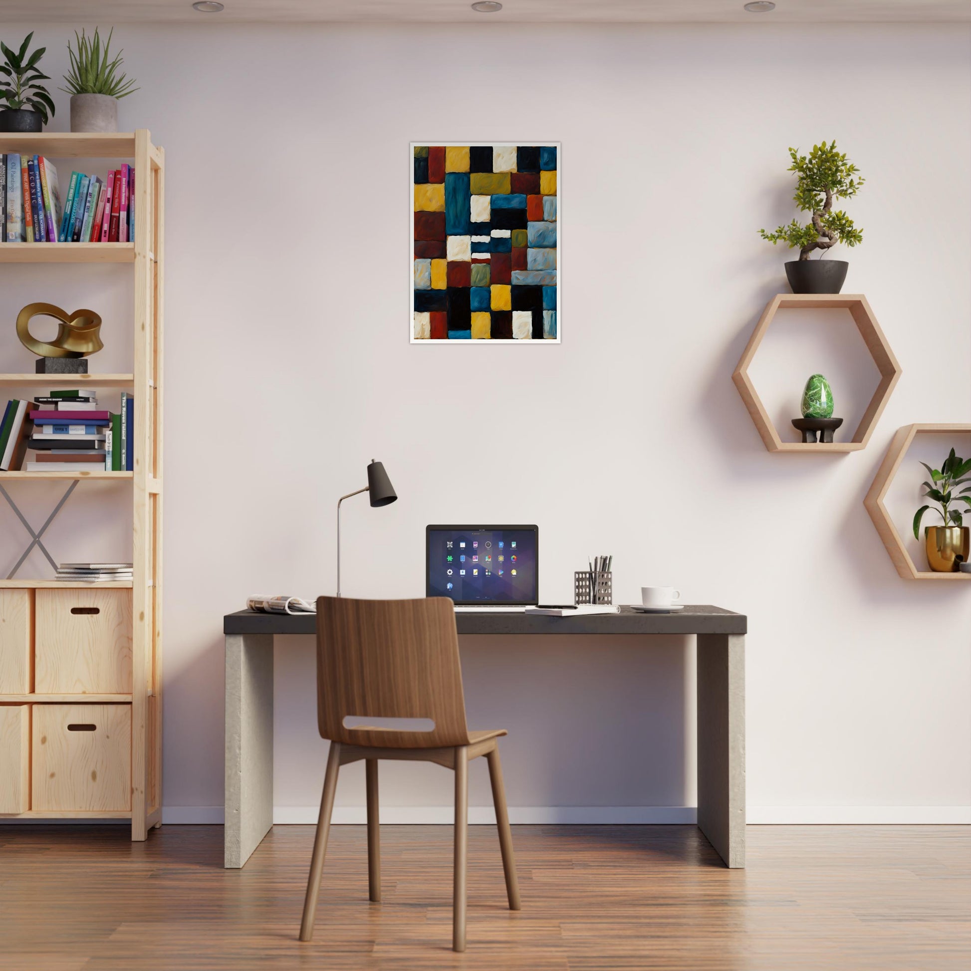 A rich, textured geometric painting featuring interlocking squares and rectangles in deep blue, gold, red, and black, creating a bold composition.
