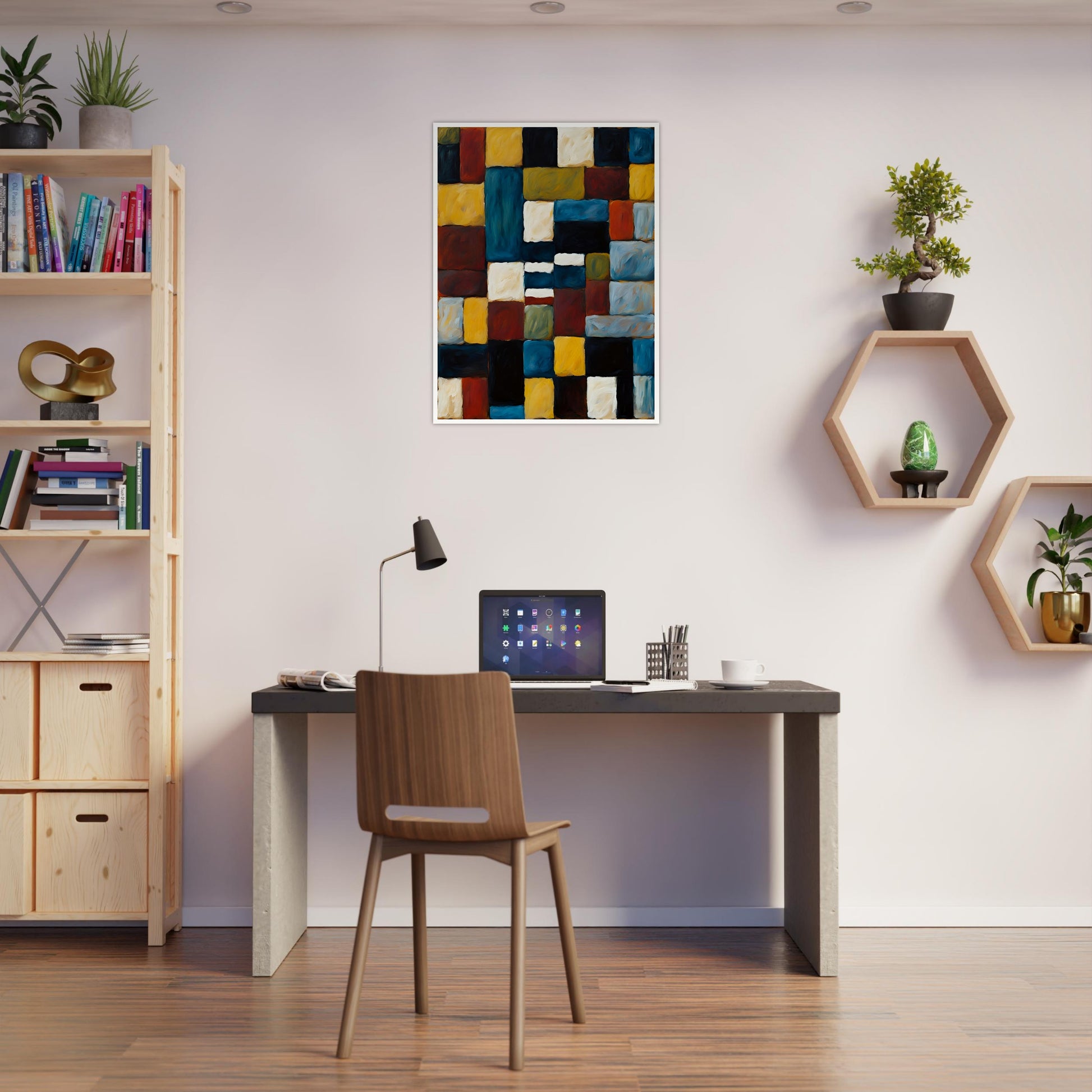 A rich, textured geometric painting featuring interlocking squares and rectangles in deep blue, gold, red, and black, creating a bold composition.