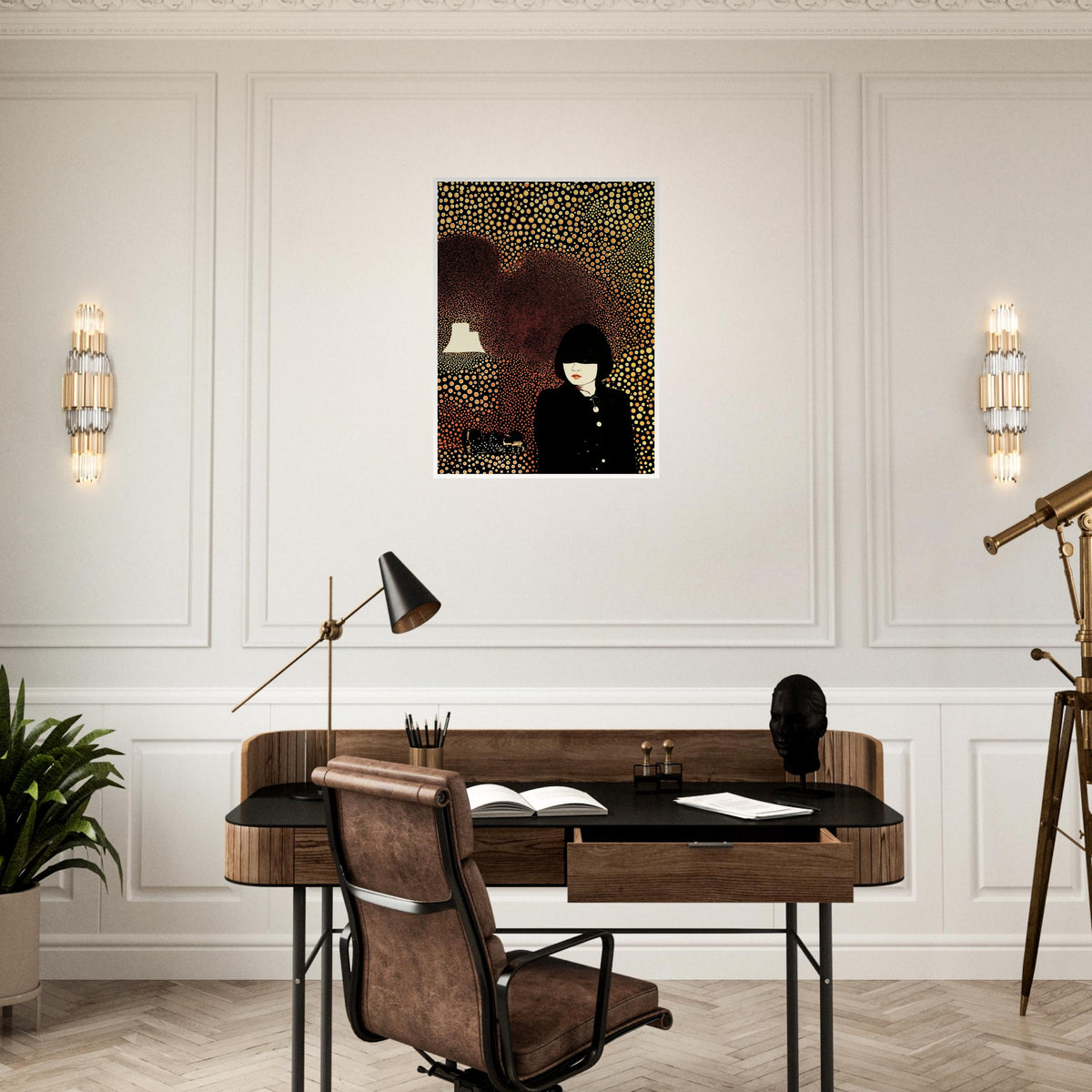 Artistic portrait of a woman in a black outfit surrounded by a background of golden circular patterns with a glowing lamp.