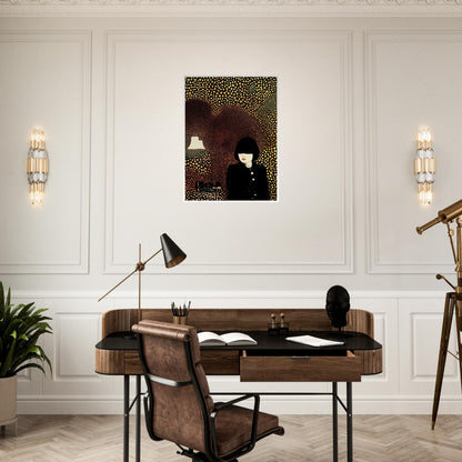 Artistic portrait of a woman in a black outfit surrounded by a background of golden circular patterns with a glowing lamp.