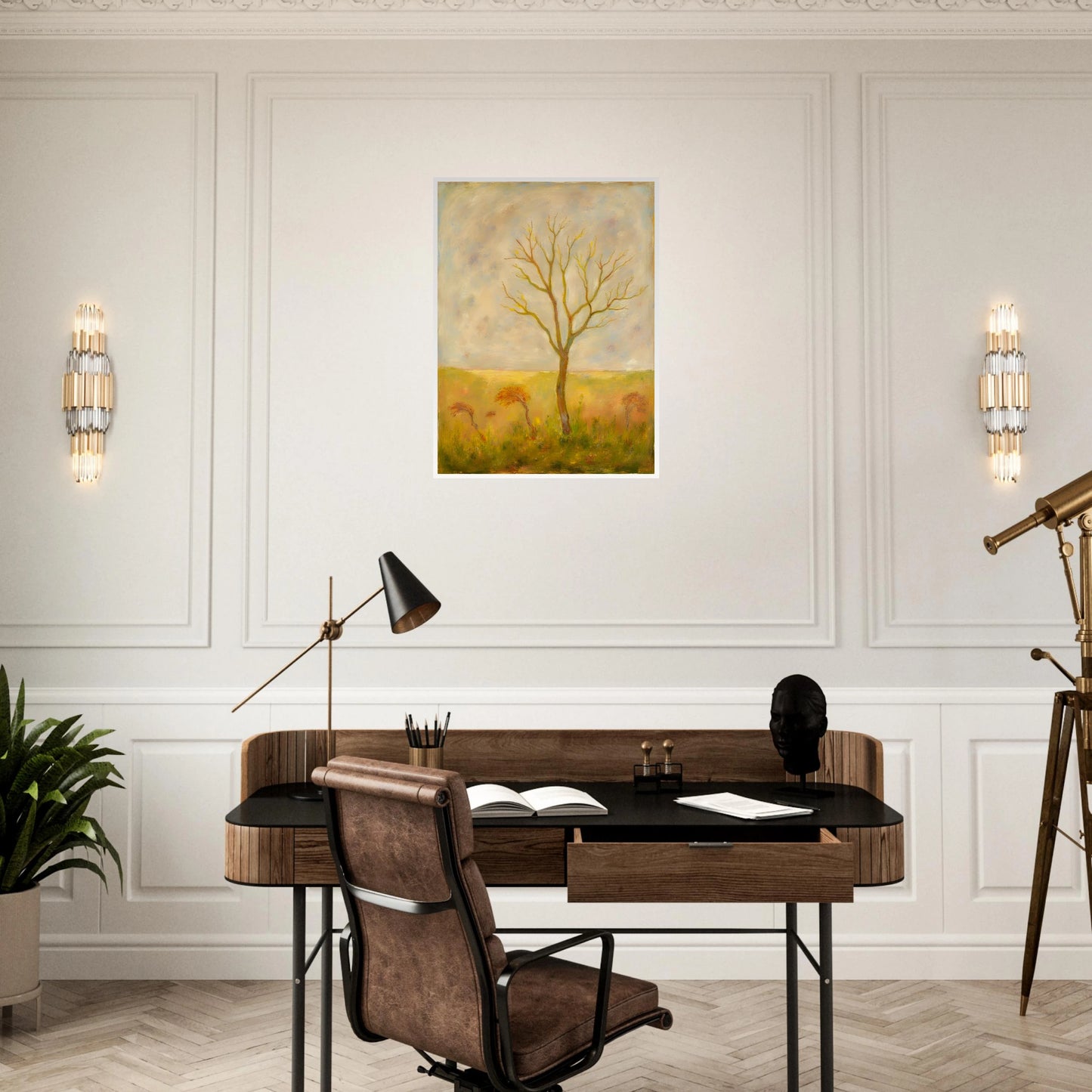 A lone tree stands tall in a golden meadow under a pale sky, its bare branches reaching gracefully toward the light.