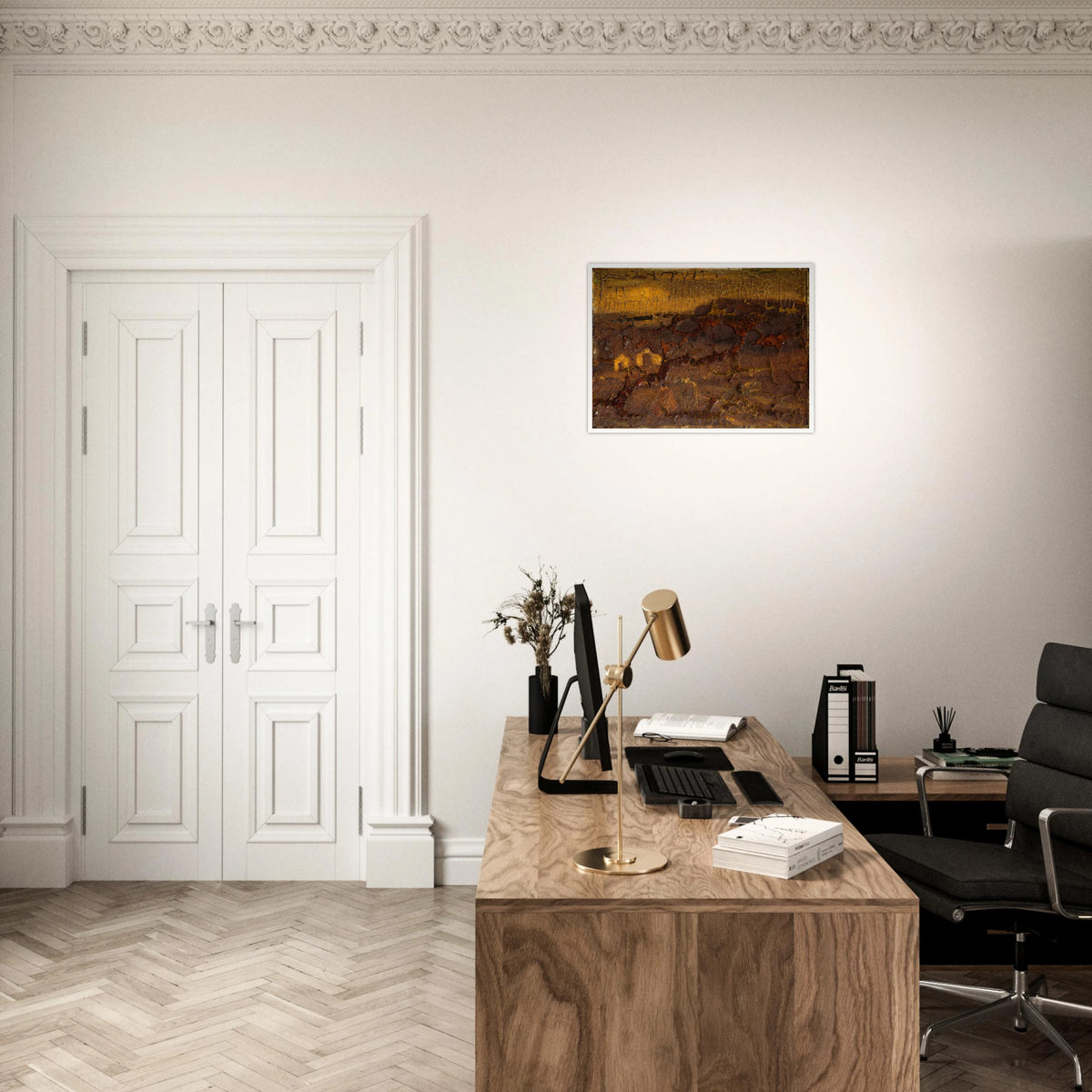 A textured earthwork surface in cracked brown, ochre, and gold tones with layered organic relief.