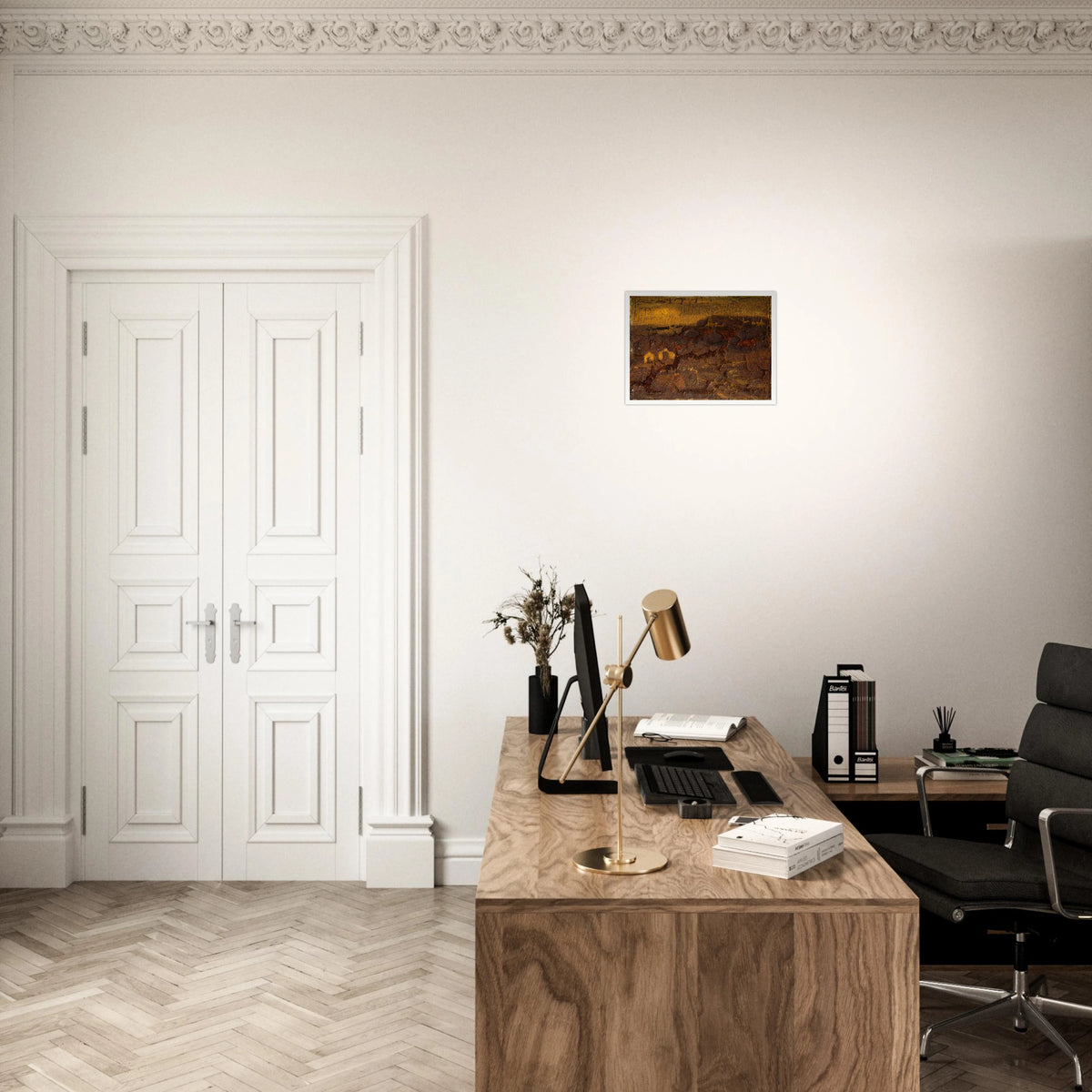 A textured earthwork surface in cracked brown, ochre, and gold tones with layered organic relief.