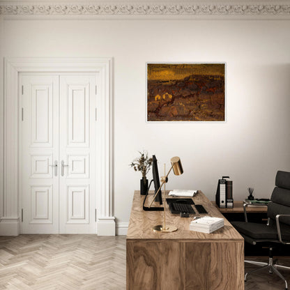 A textured earthwork surface in cracked brown, ochre, and gold tones with layered organic relief.