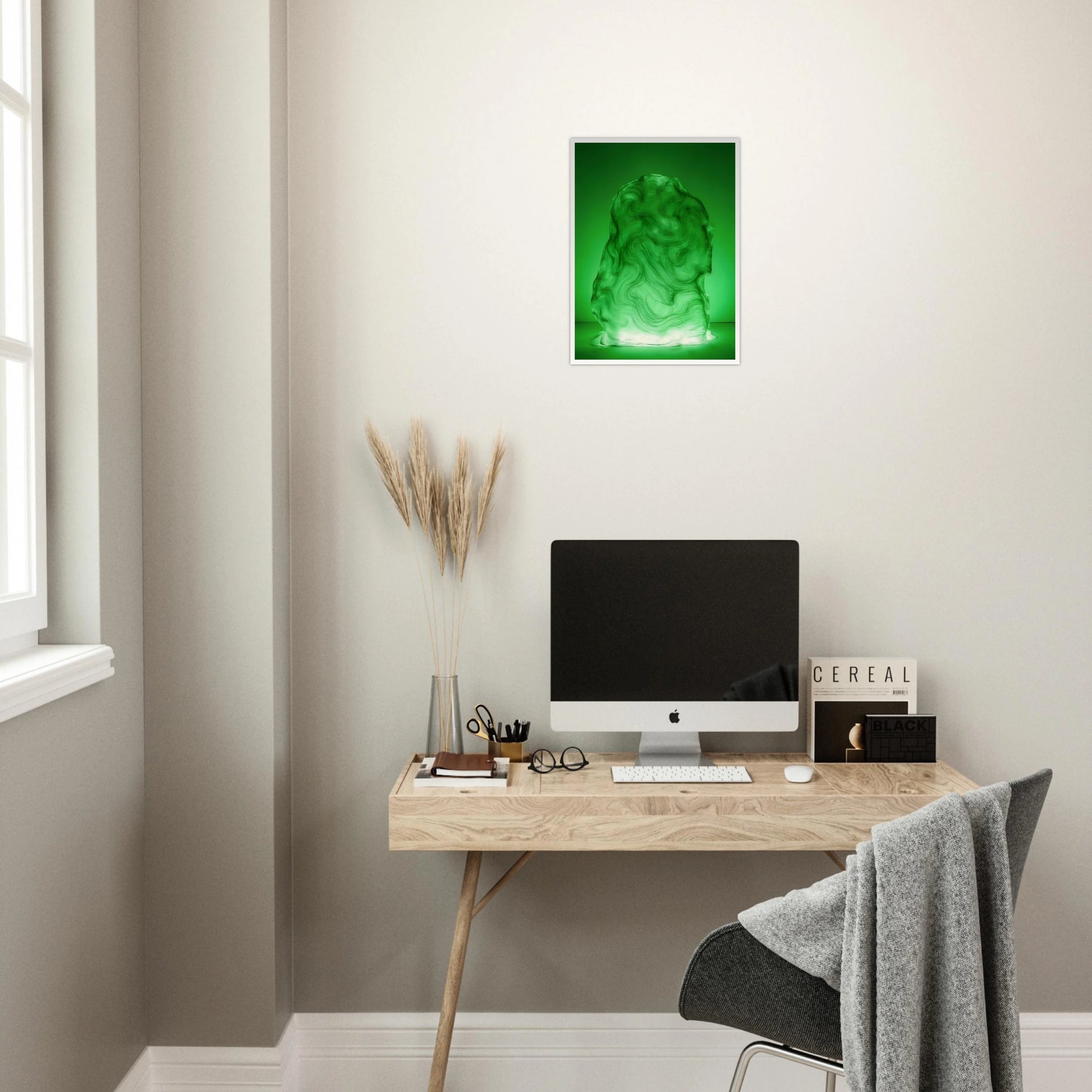 Glowing green sculptural form with fluid marbled swirls rises like illuminated jade, blending movement, mystery, and organic elegance.