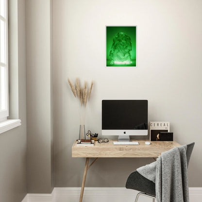 Glowing green sculptural form with fluid marbled swirls rises like illuminated jade, blending movement, mystery, and organic elegance.