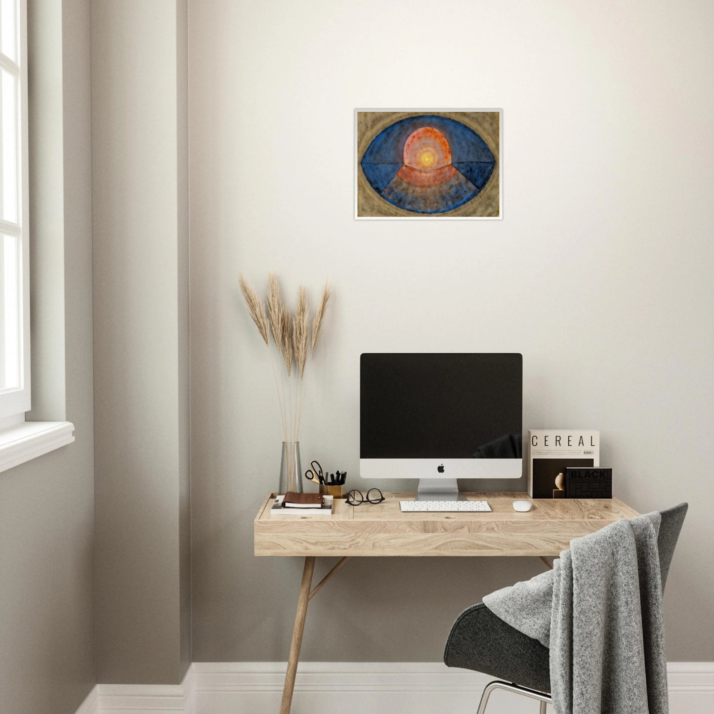 A symbolic abstract painting featuring concentric geometric forms resembling an eye or portal. Deep blue arcs surround a glowing golden center, creating a meditative composition of balance, light, and contemplation