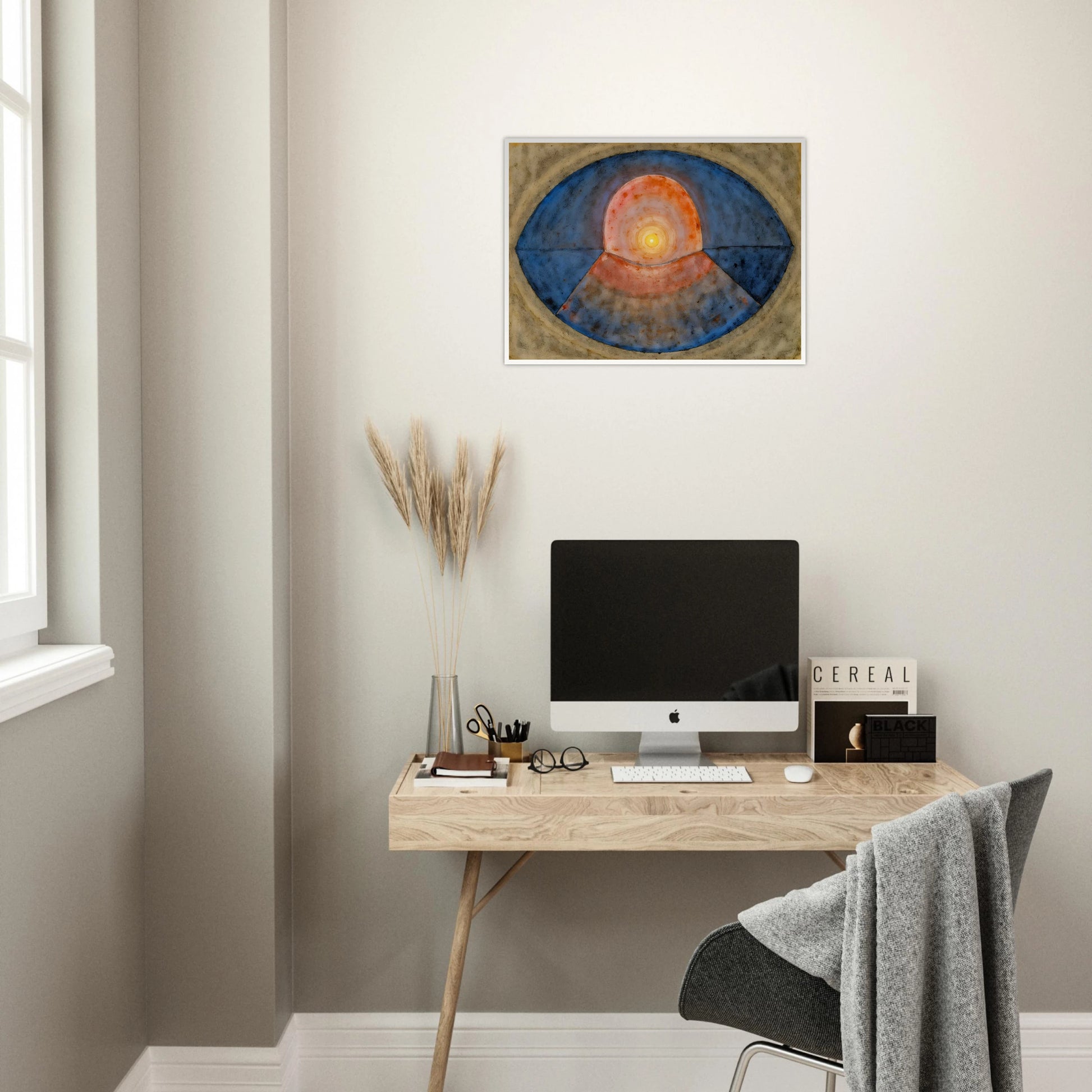 A symbolic abstract painting featuring concentric geometric forms resembling an eye or portal. Deep blue arcs surround a glowing golden center, creating a meditative composition of balance, light, and contemplation