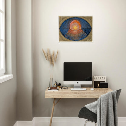 A symbolic abstract painting featuring concentric geometric forms resembling an eye or portal. Deep blue arcs surround a glowing golden center, creating a meditative composition of balance, light, and contemplation