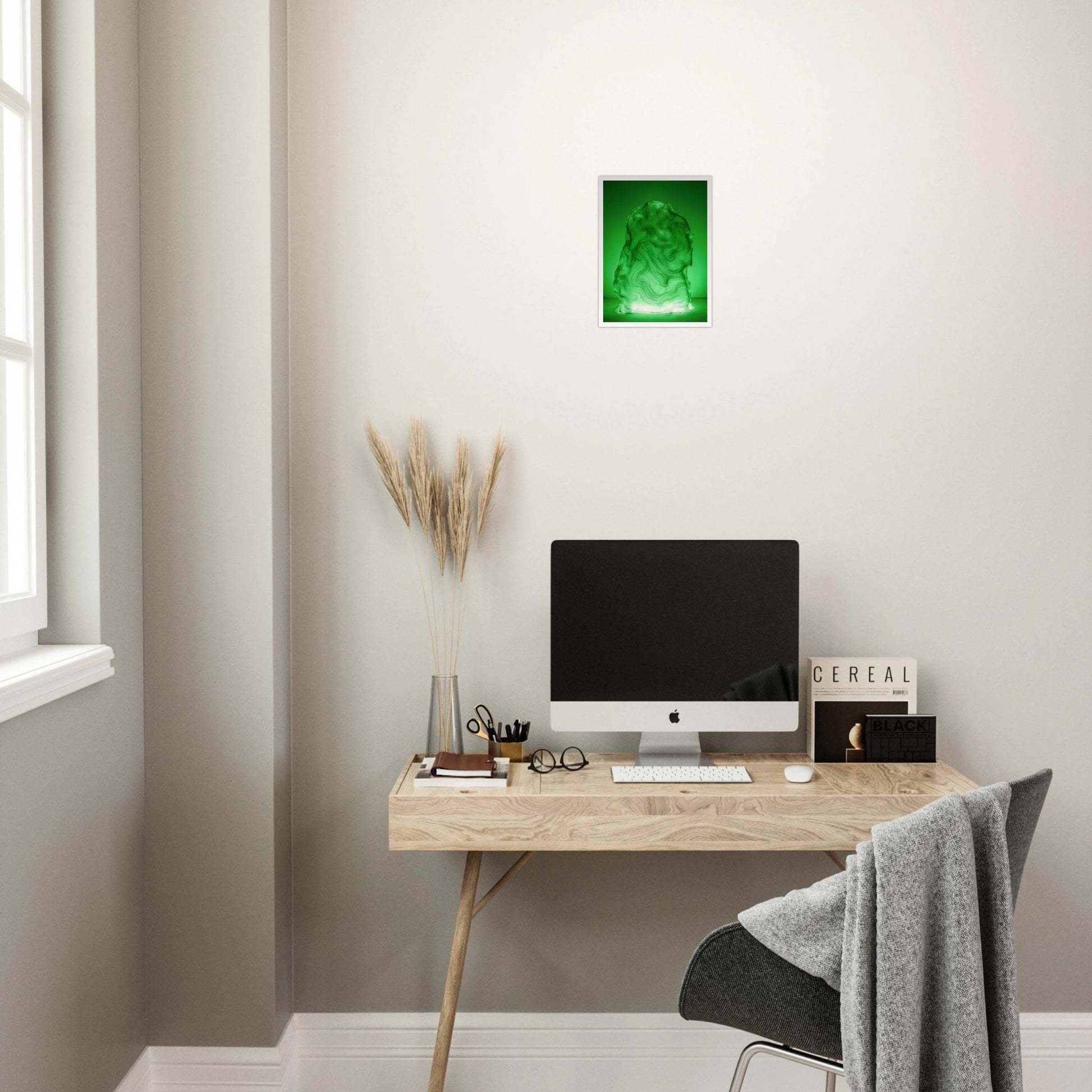 Glowing green sculptural form with fluid marbled swirls rises like illuminated jade, blending movement, mystery, and organic elegance.