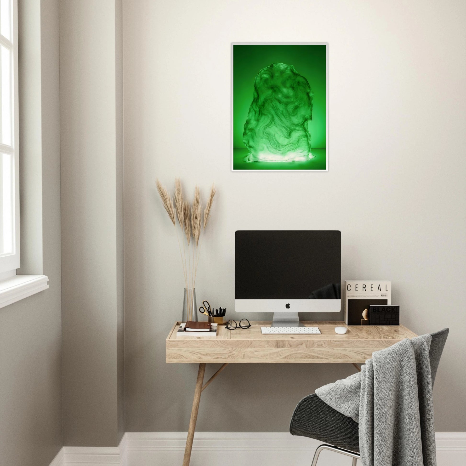 Glowing green sculptural form with fluid marbled swirls rises like illuminated jade, blending movement, mystery, and organic elegance.