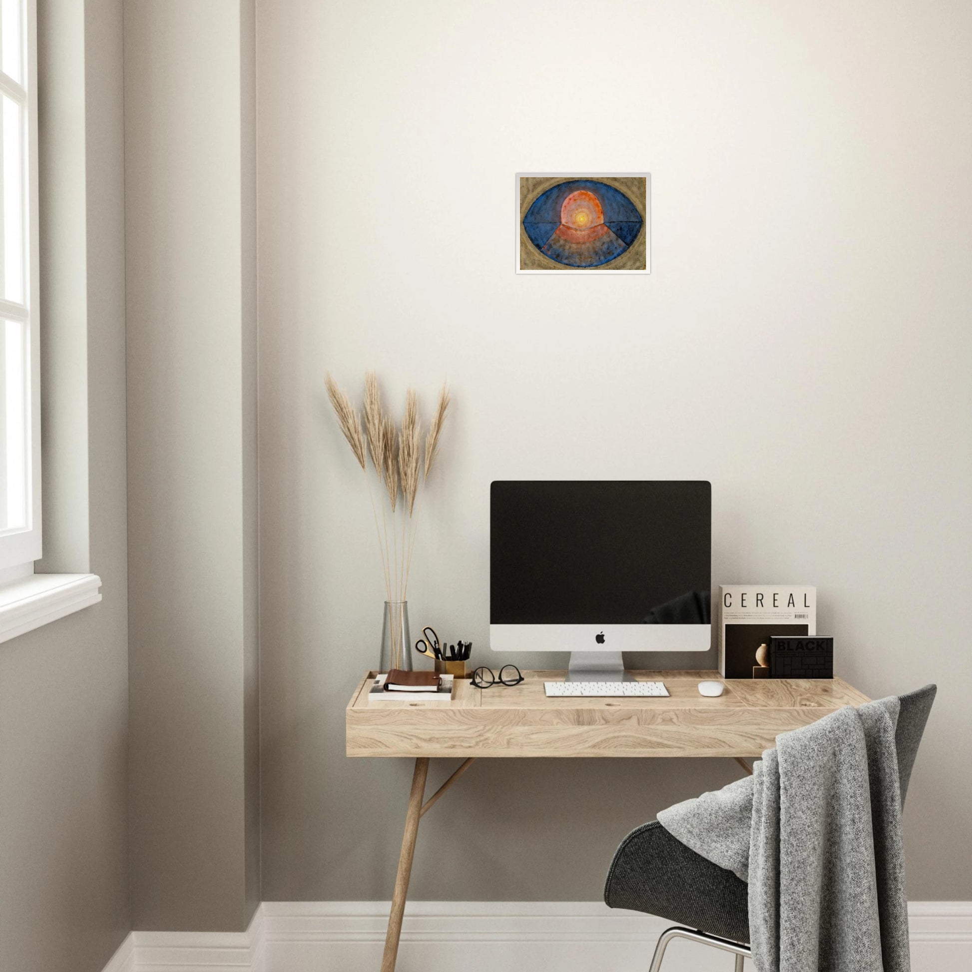 A symbolic abstract painting featuring concentric geometric forms resembling an eye or portal. Deep blue arcs surround a glowing golden center, creating a meditative composition of balance, light, and contemplation