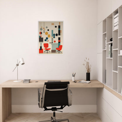 A modern artwork featuring red chairs, abstract geometric shapes, and muted tones of teal, beige, and black, evoking mid-century modern design.