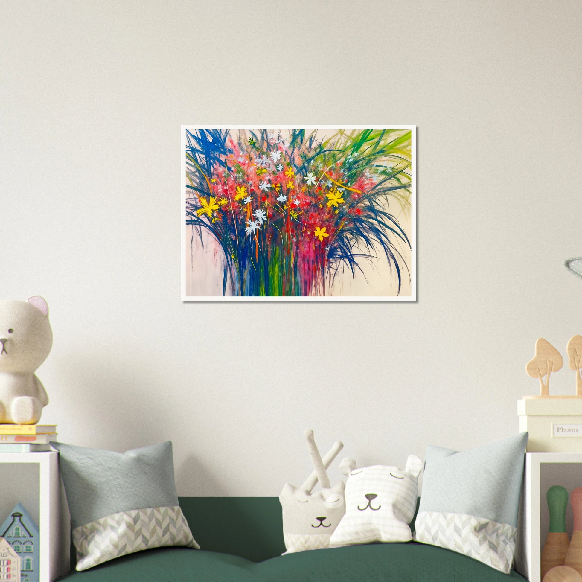 A vibrant explosion of wildflowers in yellow, red, and white bursts from lush green stems, radiating energy and joy.