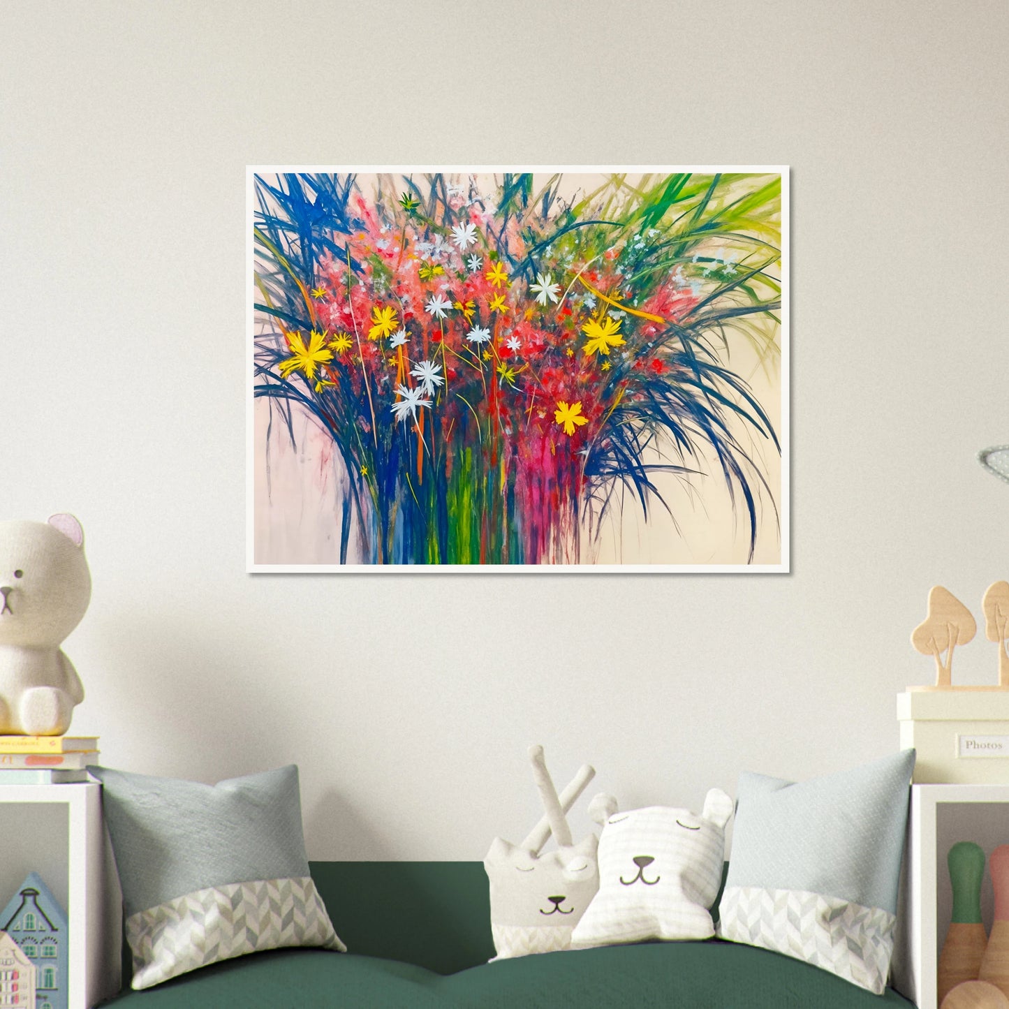 A vibrant explosion of wildflowers in yellow, red, and white bursts from lush green stems, radiating energy and joy.