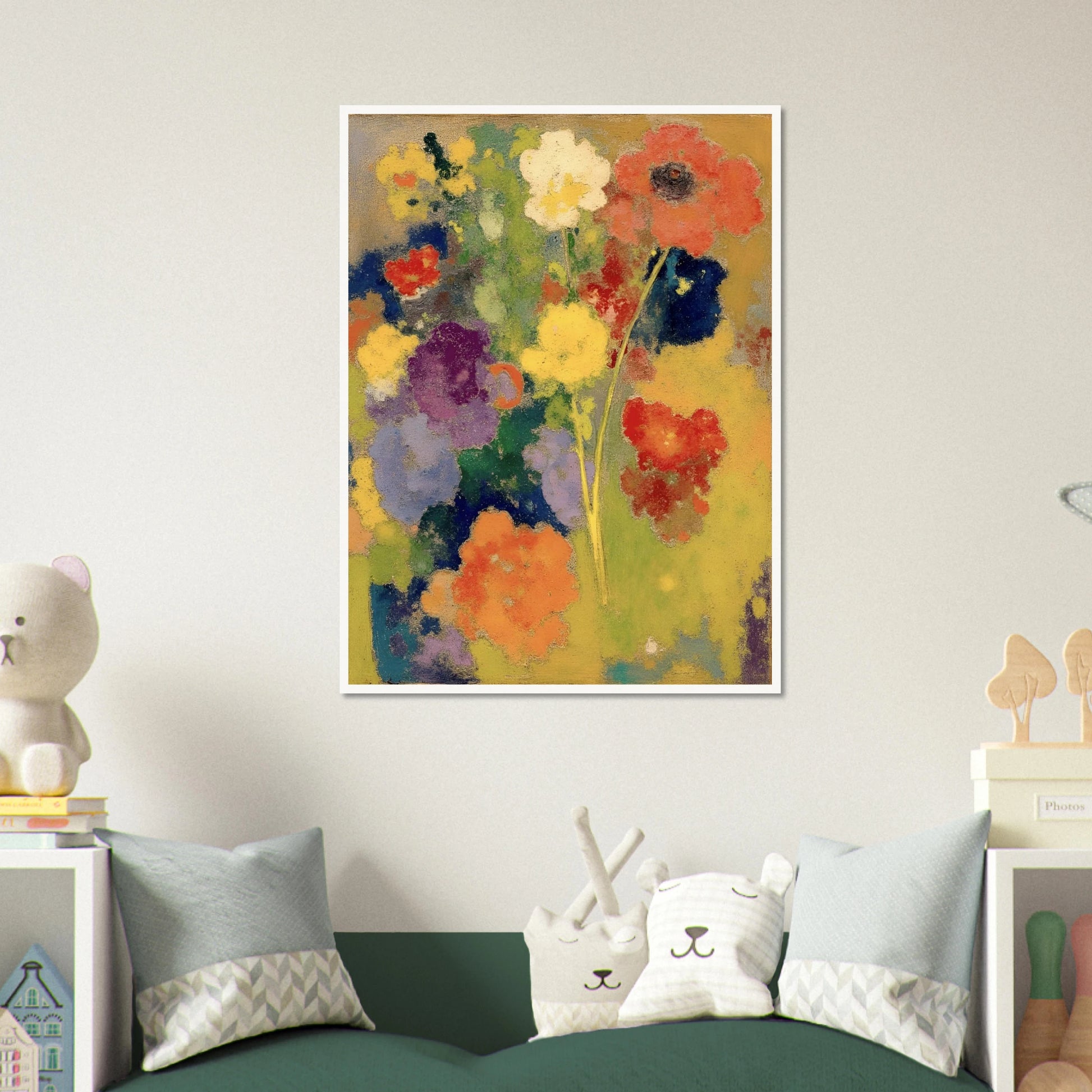 Soft garden flowers in red, white, yellow, purple, and orange bloom against a warm golden field.