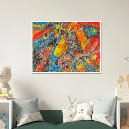 Explosive swirling lines of red, blue, yellow, and black collide in a high-energy abstract composition filled with motion and intensity.