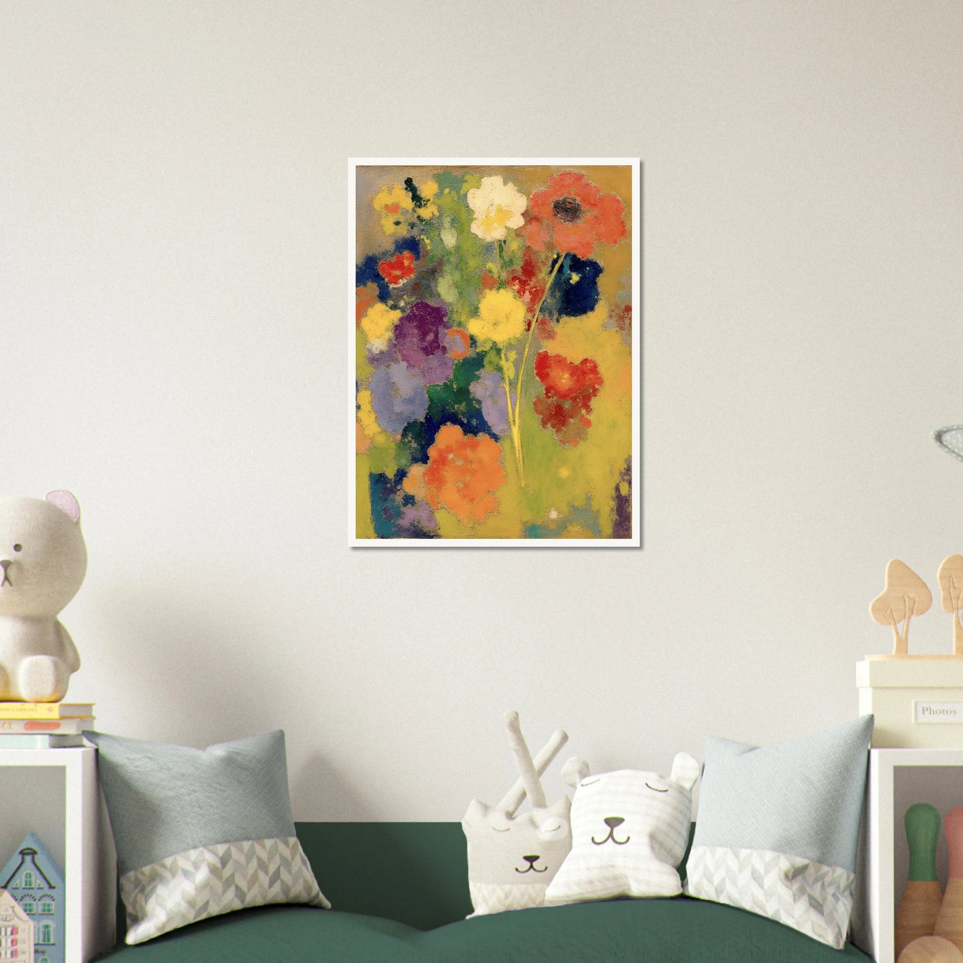 Soft garden flowers in red, white, yellow, purple, and orange bloom against a warm golden field.