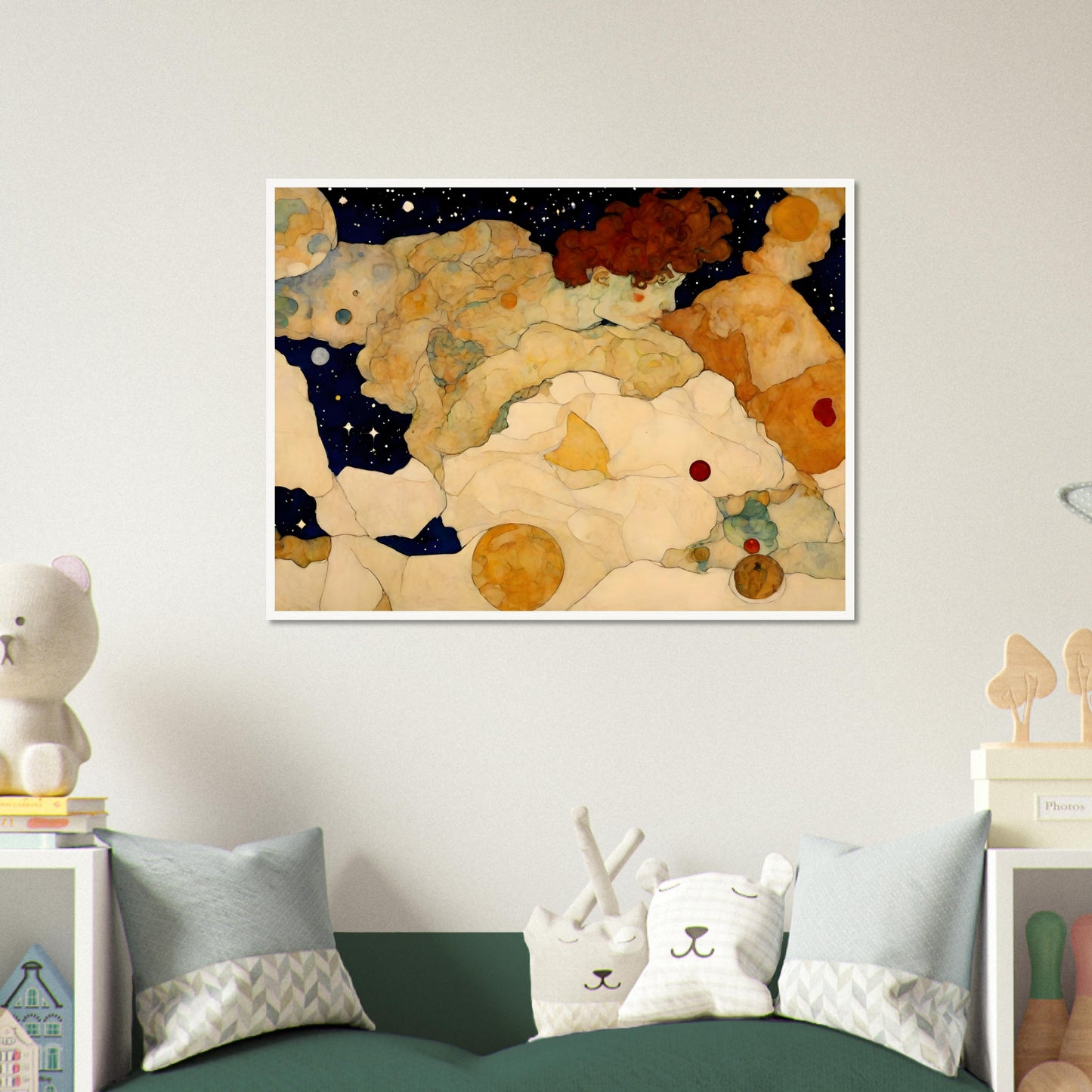 A surreal celestial painting featuring a dreamy figure floating among cosmic clouds, planets, and a starry night sky in soft golden hues.