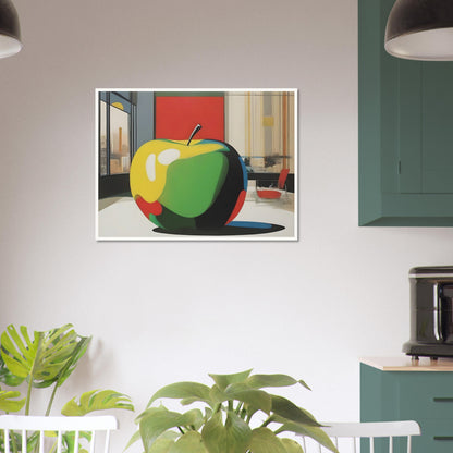 Modern artwork depicting a vibrant, oversized apple in a contemporary room with cityscape views and bold geometric shapes.