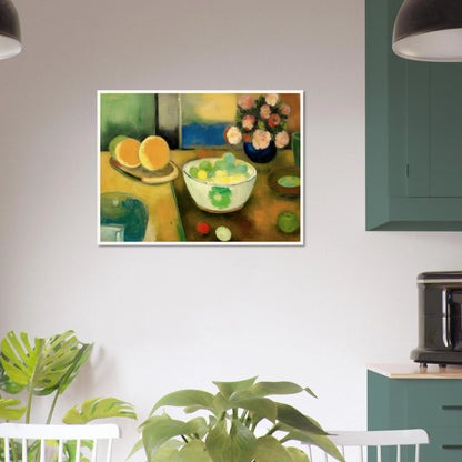 Golden citrus, pastel fruit, and fresh blooms rest on a sunlit table, creating a warm scene of everyday abundance.