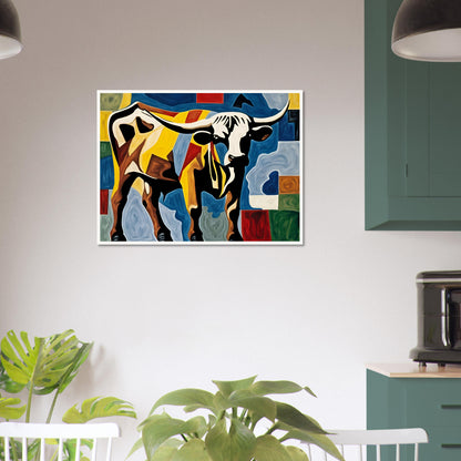 A striking painting of a longhorn bull in a colorful, geometric style, featuring bold hues of yellow, blue, red, and black.