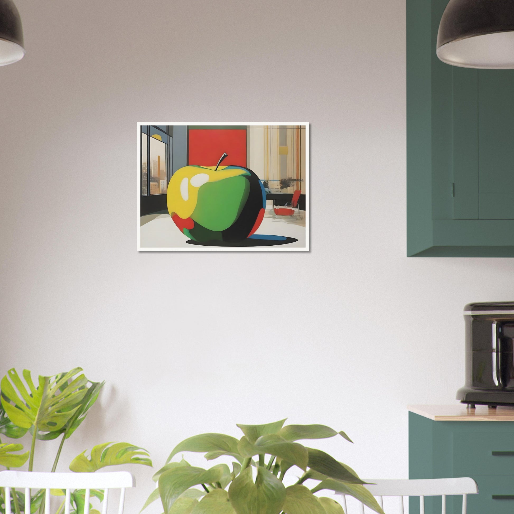 Modern artwork depicting a vibrant, oversized apple in a contemporary room with cityscape views and bold geometric shapes.