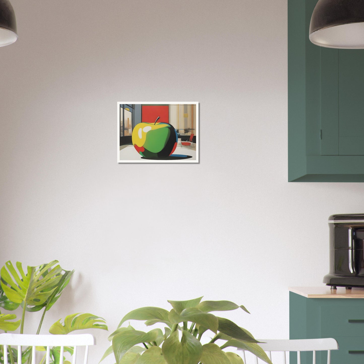 Modern artwork depicting a vibrant, oversized apple in a contemporary room with cityscape views and bold geometric shapes.