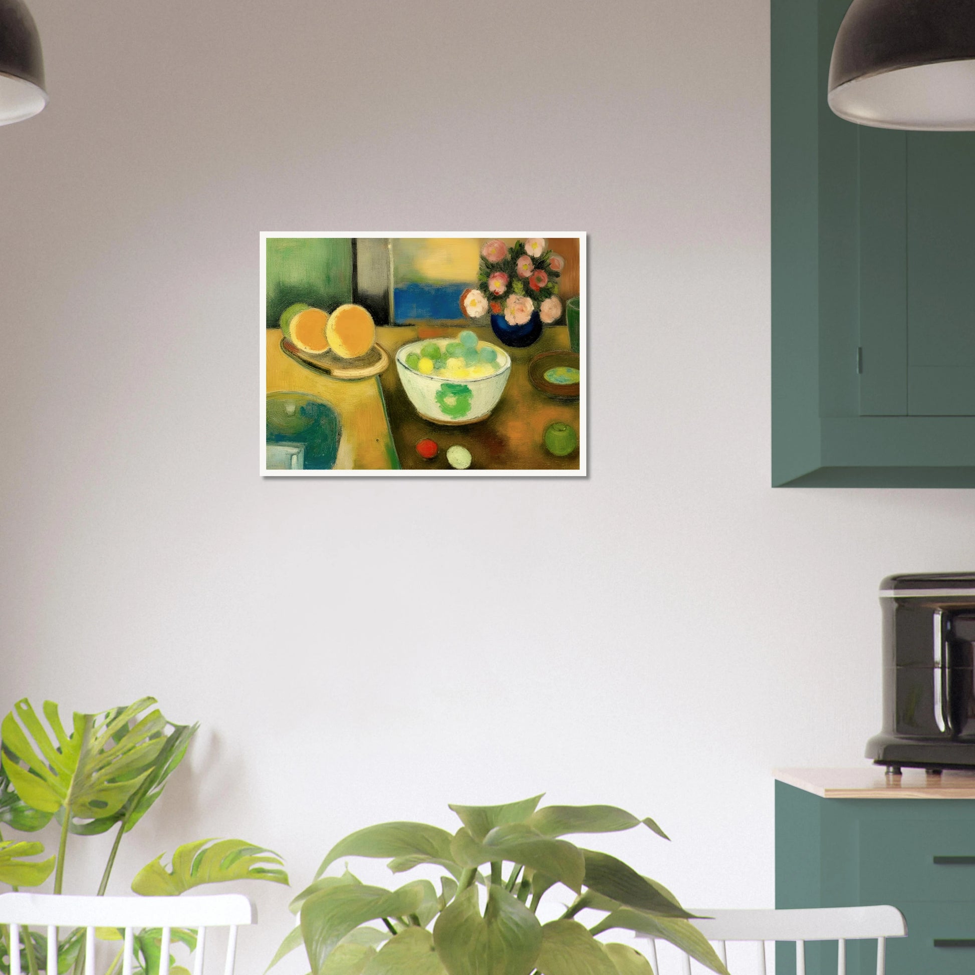 Golden citrus, pastel fruit, and fresh blooms rest on a sunlit table, creating a warm scene of everyday abundance.